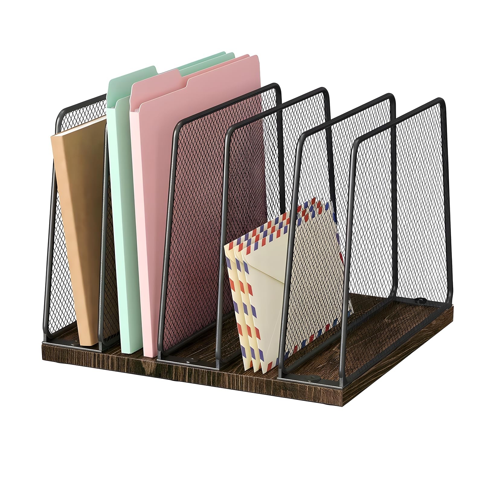 5Section Upright Desk File Organizer Sorter Mesh Metal Wood Black Desktop