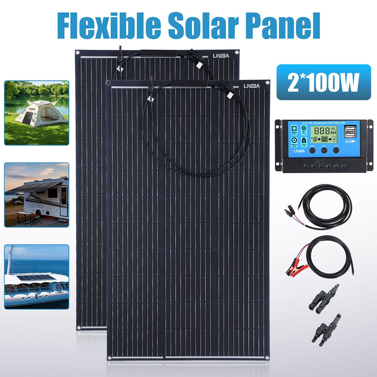 Flexible Solar Panel 100W 200W Kit Mono 12V RV Boat Camper Home Off-Grid Power