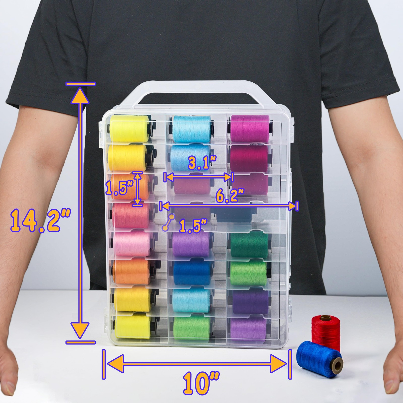 KASTUN Thread Storage,Double Sided,46 Grids Sewing Organizer,Portable, clear
