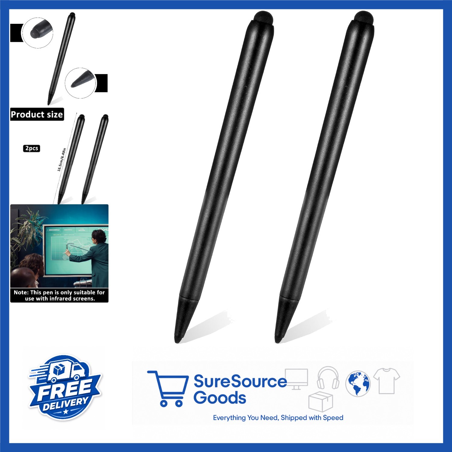 2 Pcs Electronic Screen Writing Pens Black Double-Head Stylus for Whiteboards
