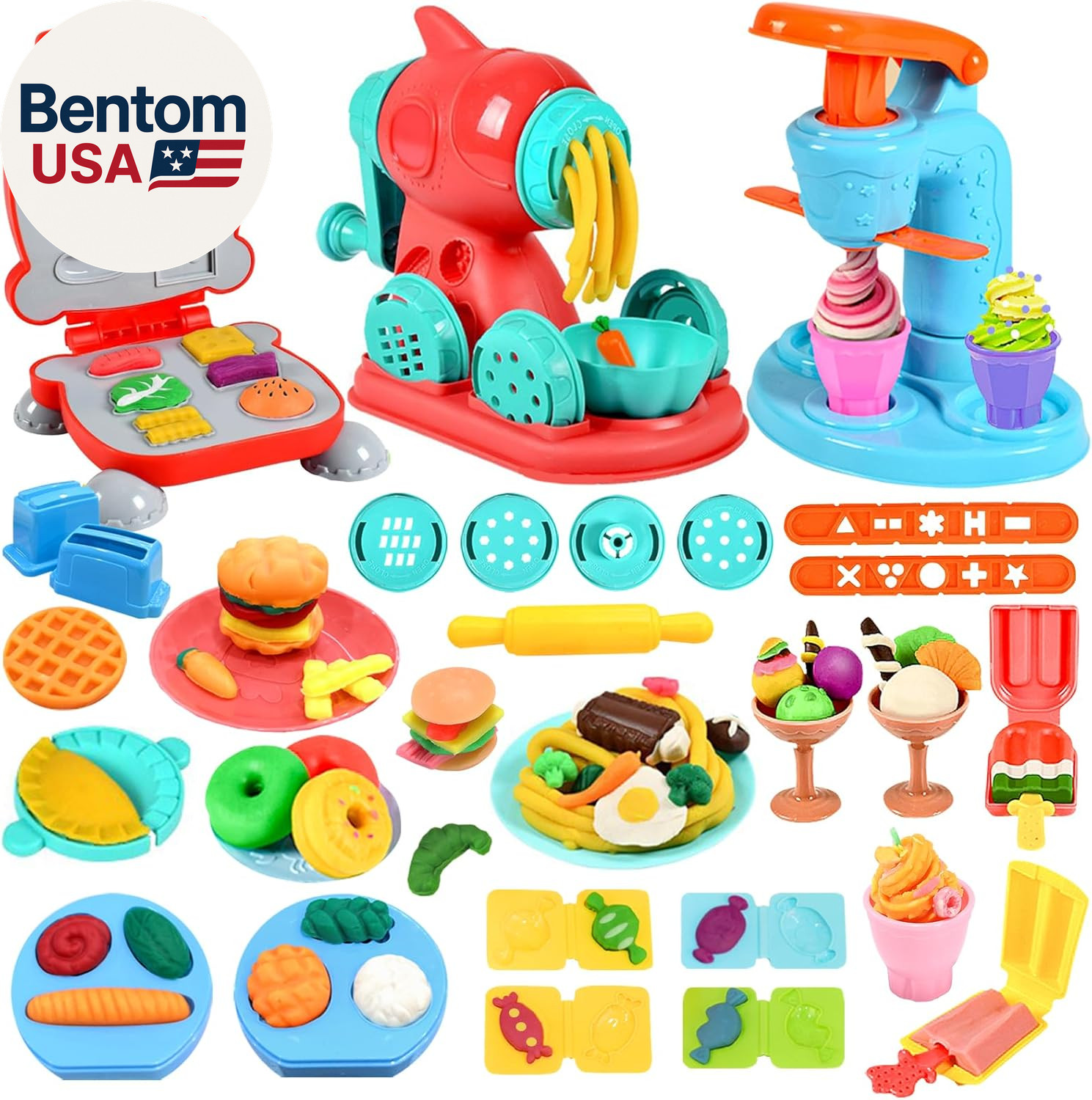 3 in 1 Color Dough Kitchen Creations Set, Ice Cream Spaghetti Burger Maker Machi