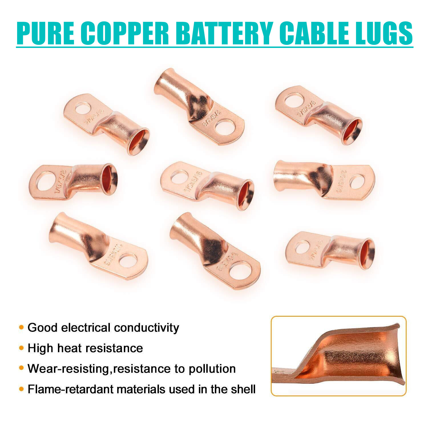10/30Pcs Bare Copper Battery Lugs 1/0 - 8AWG Cable Ring Terminal Wire Connectors