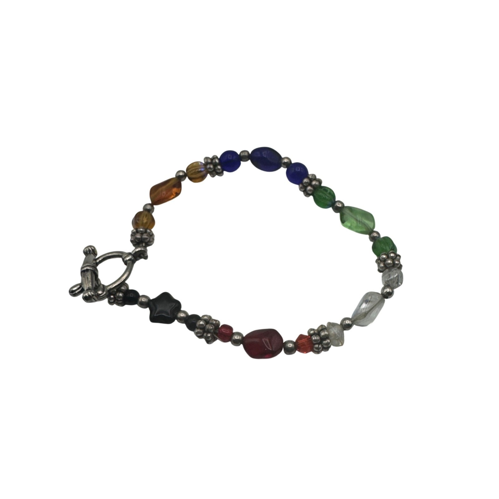 Colorful Glass Bead Bracelet With Silver Accents Adjustable Clasp Handmade Boho