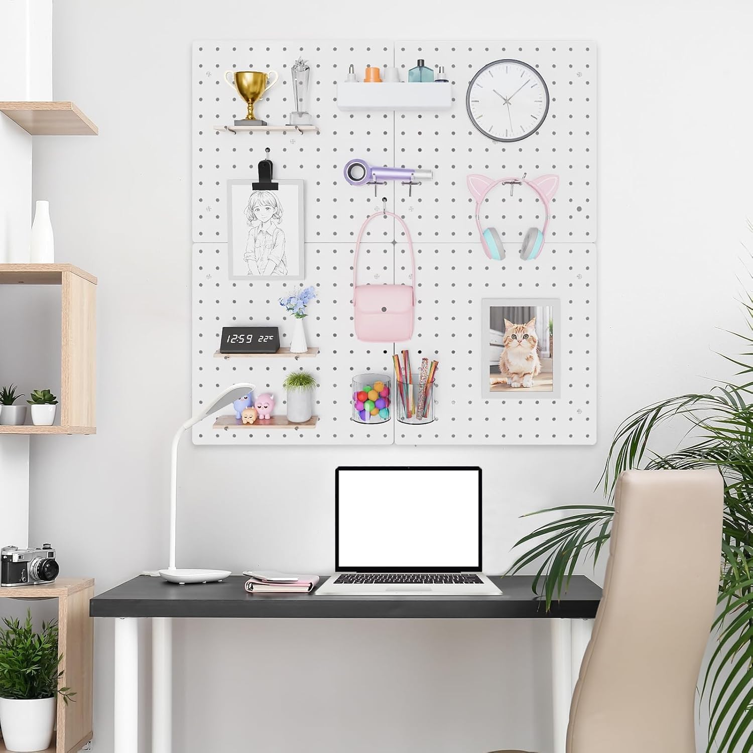 Peg Board with Hooks, Plastic Pegboard Kit with 4 White Pegboards and , Peg B...