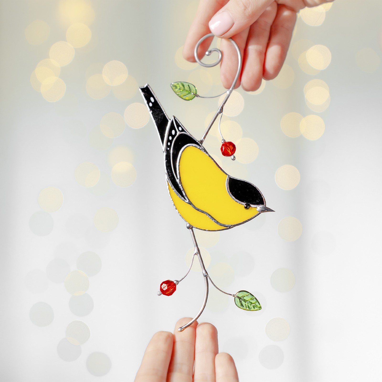 Yellow Stained Glass Bird Suncatcher Handmade Tiffany Style Window Decor