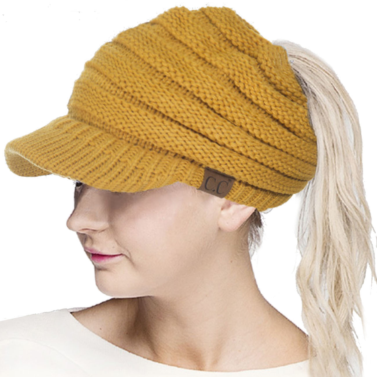 C.C Women Brim Ponytail Messy Bun Solid Ribbed Knit Beanie Hat Sun Cap