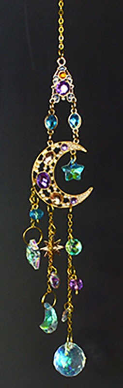Crescent Moon Sun Catcher Gold-toned Star Prism Rainbow Beads Multi-colored 16"