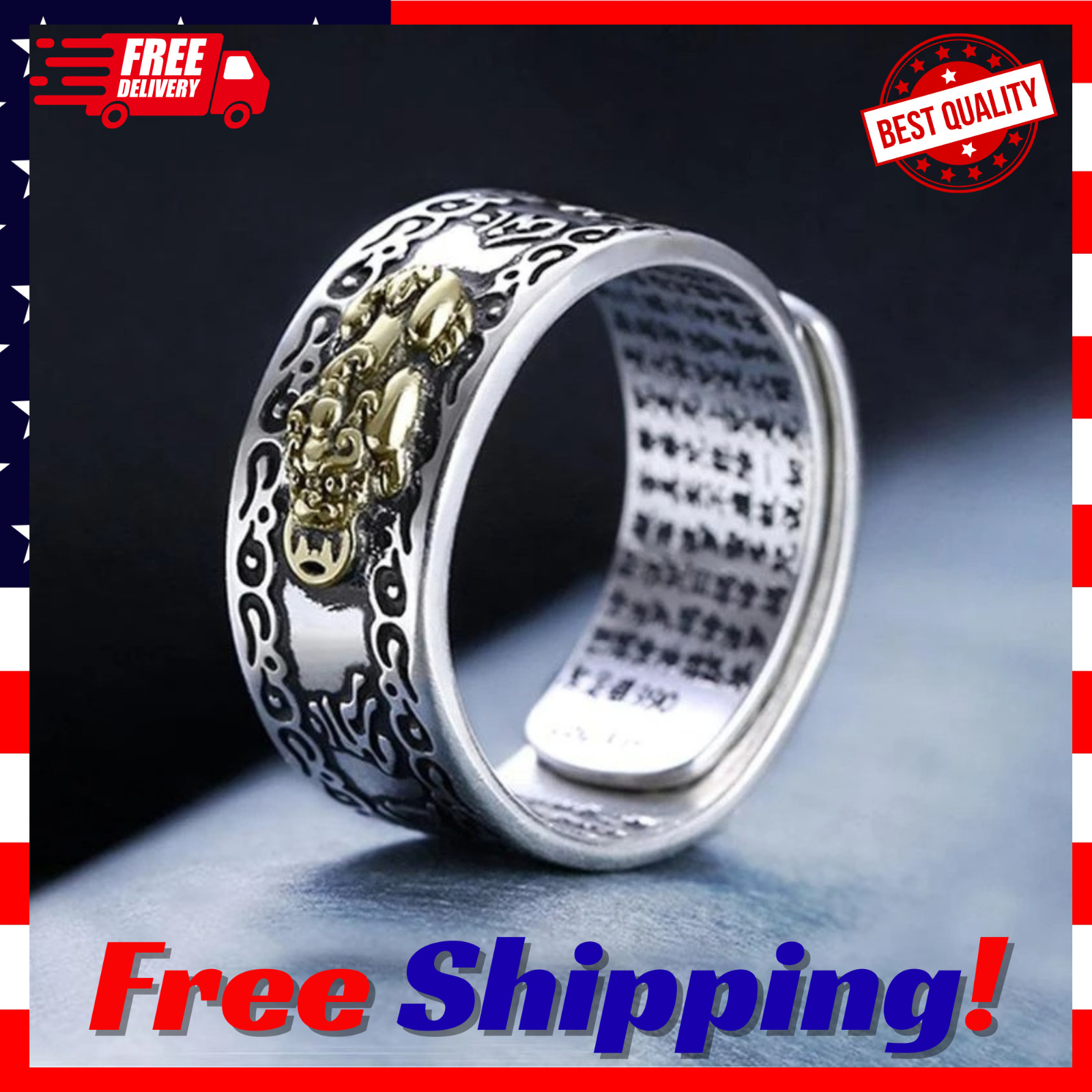 Feng Shui Pixiu Adjustable Ring Buddhist Mantra Attract Wealth Lucky Ring Charm