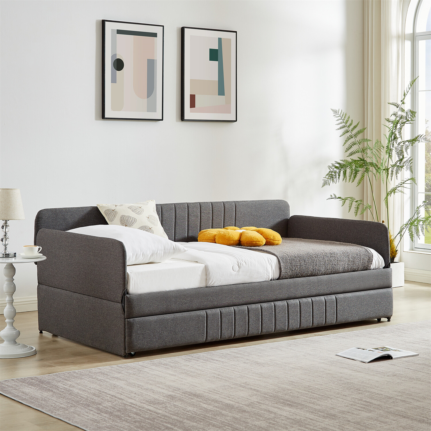 Twin Size Daybed Upholstered Bed Frame Sofa Bed with Trundle Bed Grey
