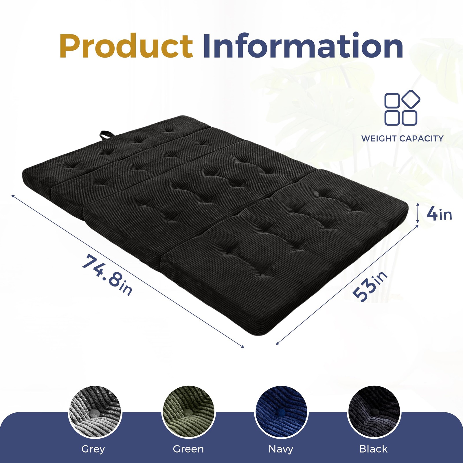 Foldable Sofa Couch Bed, 4 Inch Tufted Folding Mattress, Portable Floor Couch...