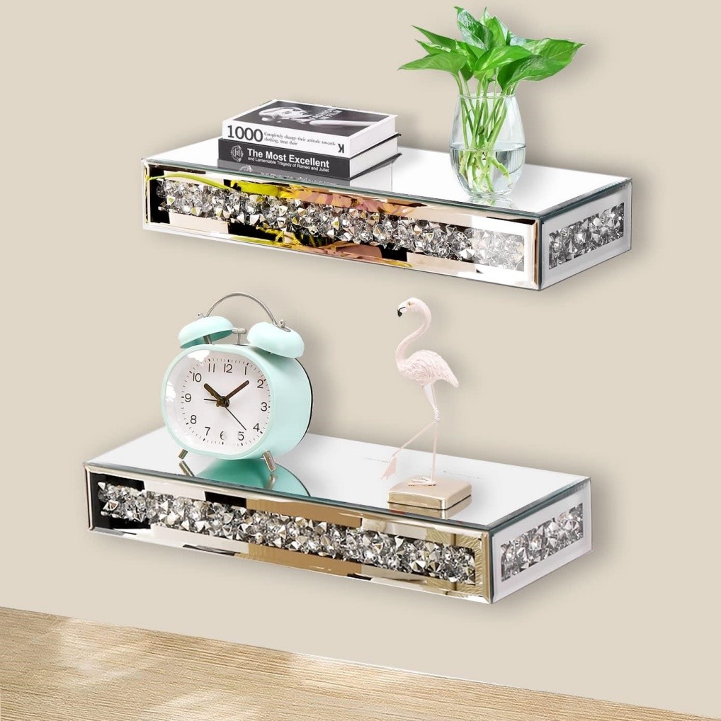 Mirrored Floating Shelves Wall Mounted Crystal Crushed Diamond Rack Home Decor