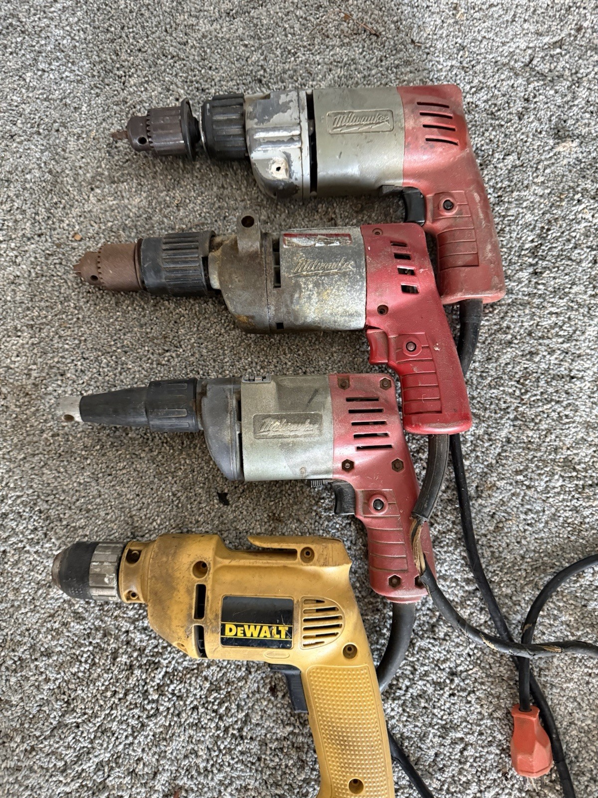 Lot of 4 Corded Drills – 3 Milwaukee + 1 DeWalt – All Run – Cord Repair Needed