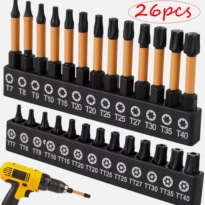 26 Impact Security Torx Bit Set T7-T40, 1/4-Inch S2 Steel Tamper-Proof Star Bits
