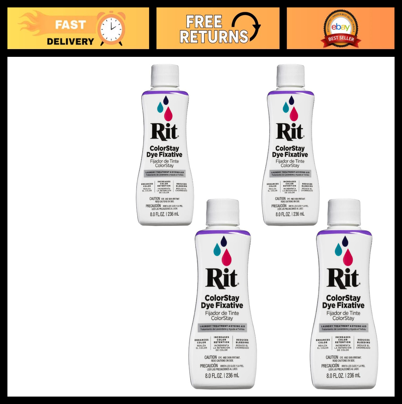Liquid Dye Fixative 8 oz - Pack of 4, Fabric Color Set, Textile Dyeing Supplies
