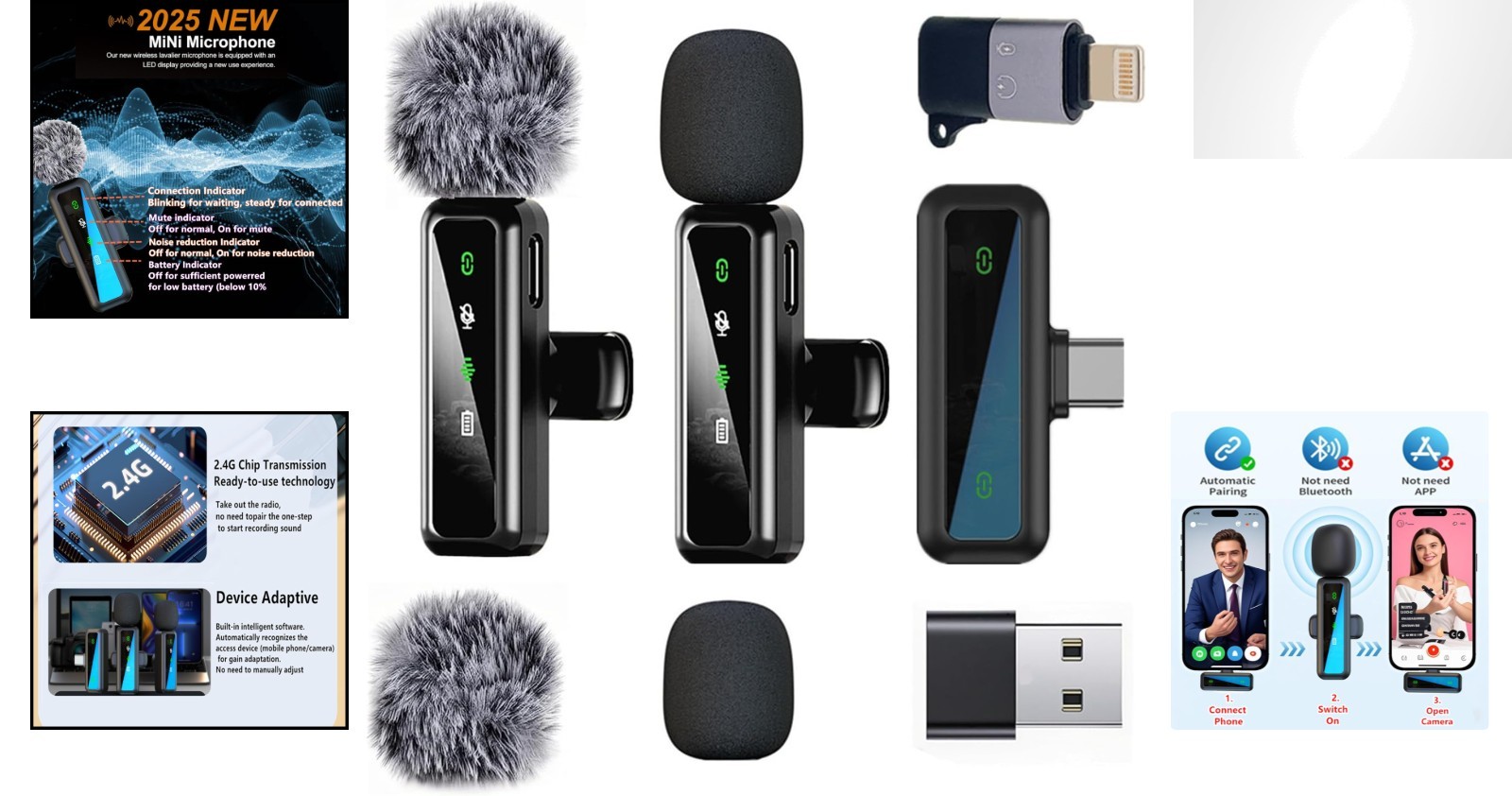 Wireless Microphone Mini Mic for iPhone/Android Phone, LED Display Lavalier
