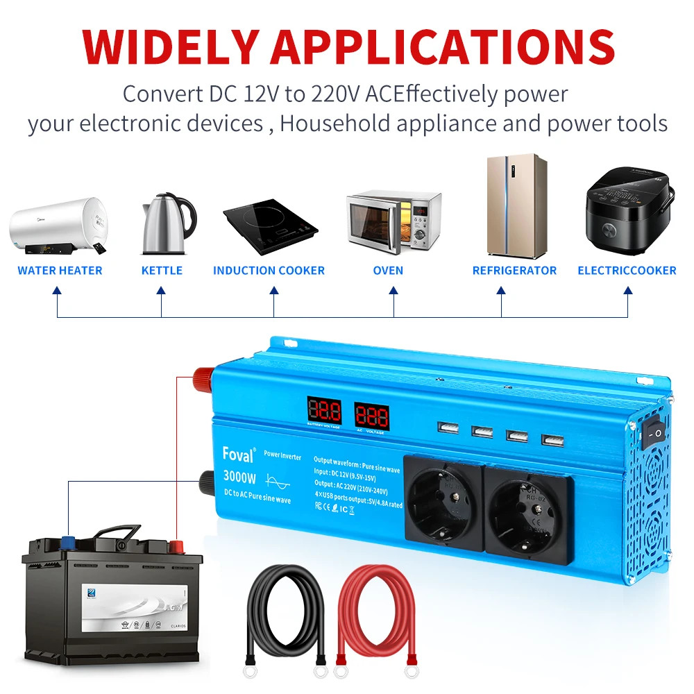 3000W 2400W Inverter Pure Sine Wave DC12V to AC220V/110V LED Display For Outdoor