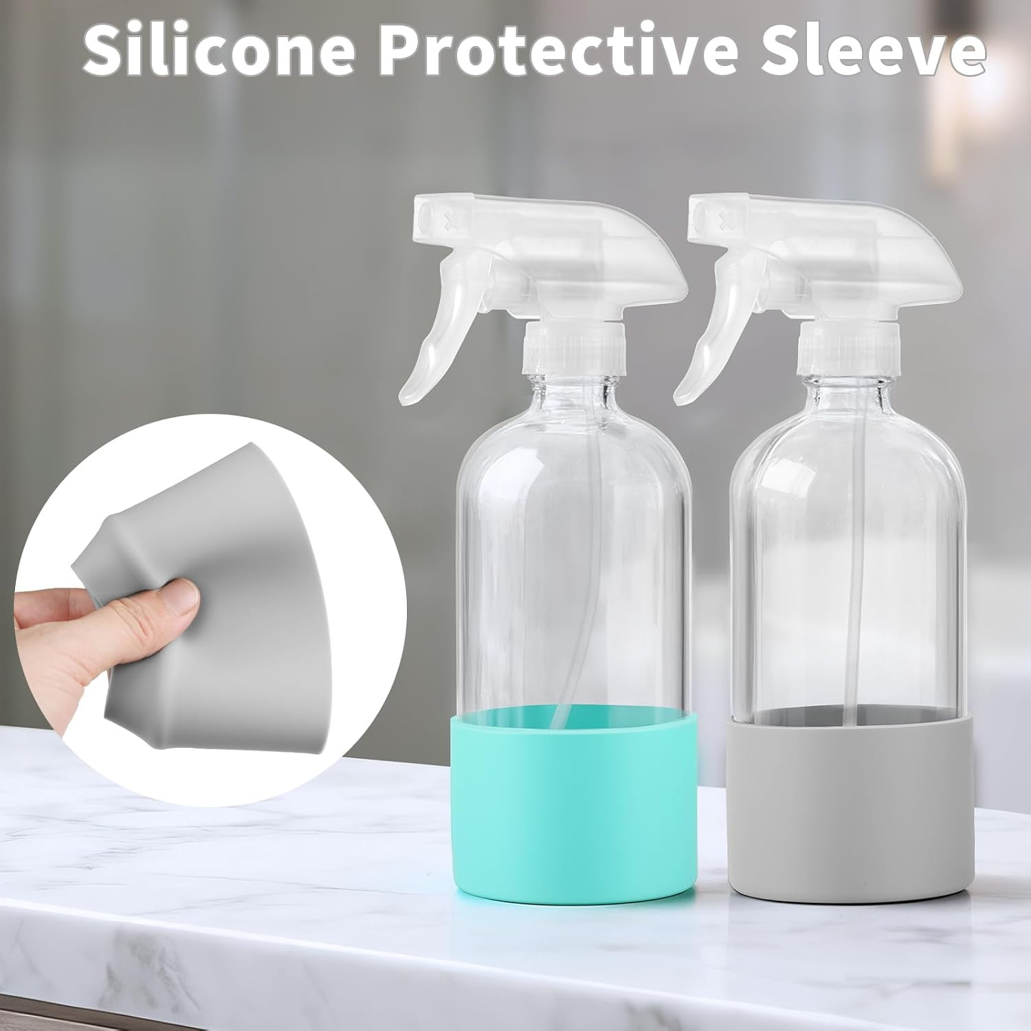 Glass Spray Bottles (2-Pack) with Silicone Sleeve - 16Oz Empty Refillable Bottle