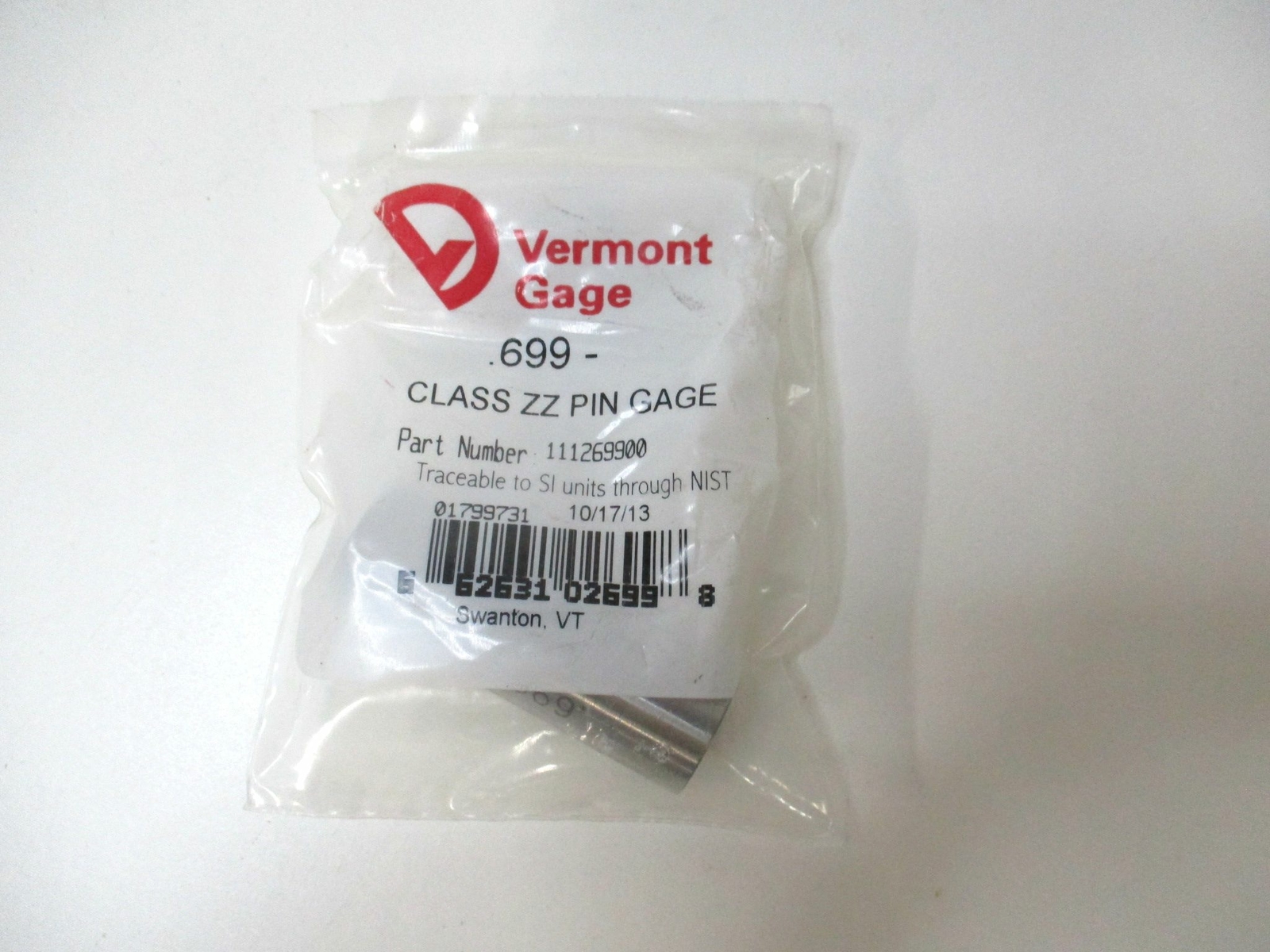 Vermont Gage (111269900) 0.699" Tolerance Class ZZ Tool Steel No-Go Pin Gage