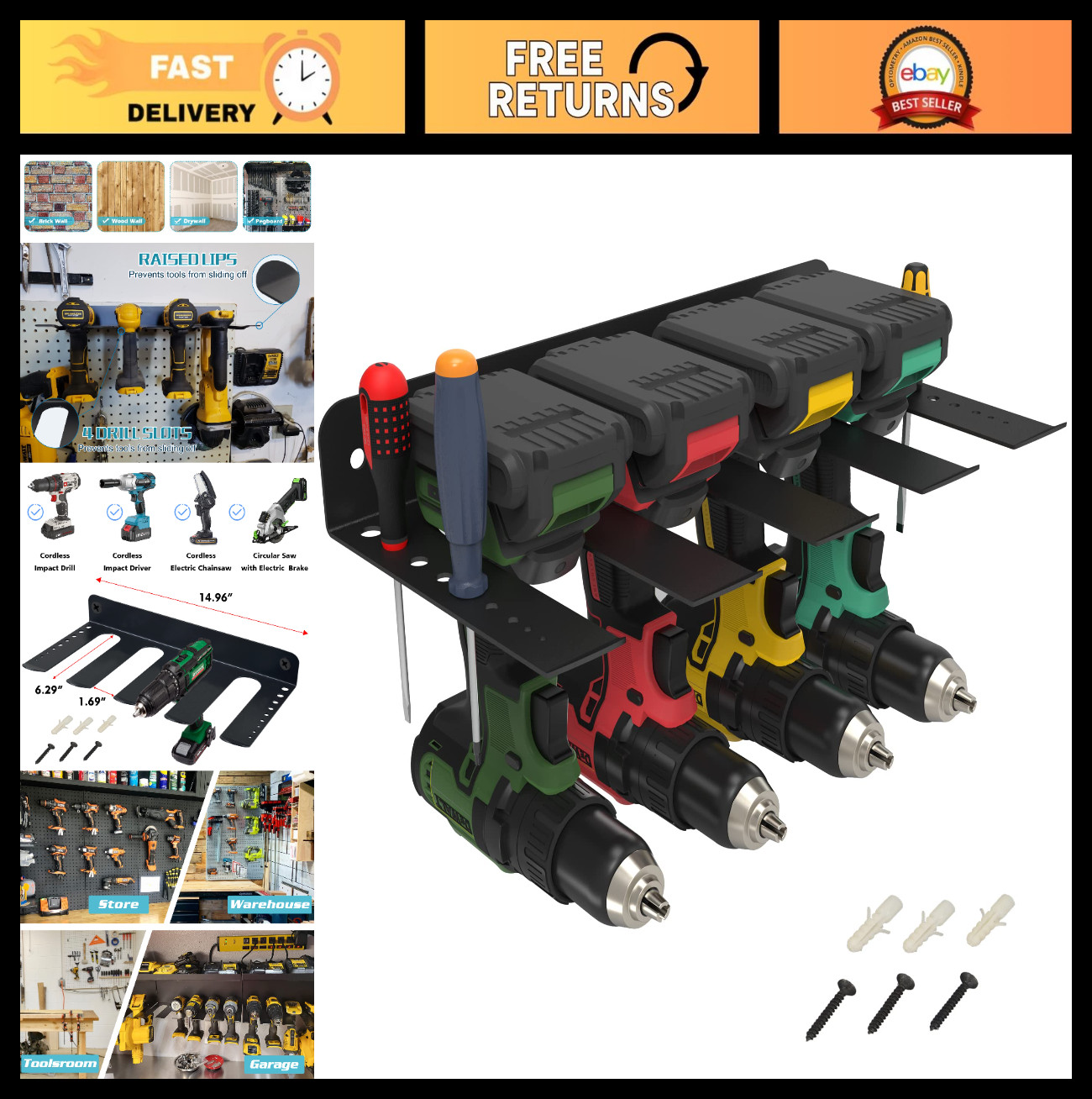 Magnetic Power Tool Organizer Rack with Screwdriver Holder - Heavy Duty Storage