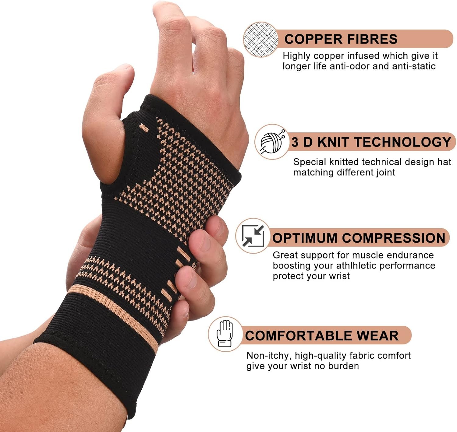2pcs Copper Wrist Compression Sleeve Comfortable Hand Brace Support for Arthriti