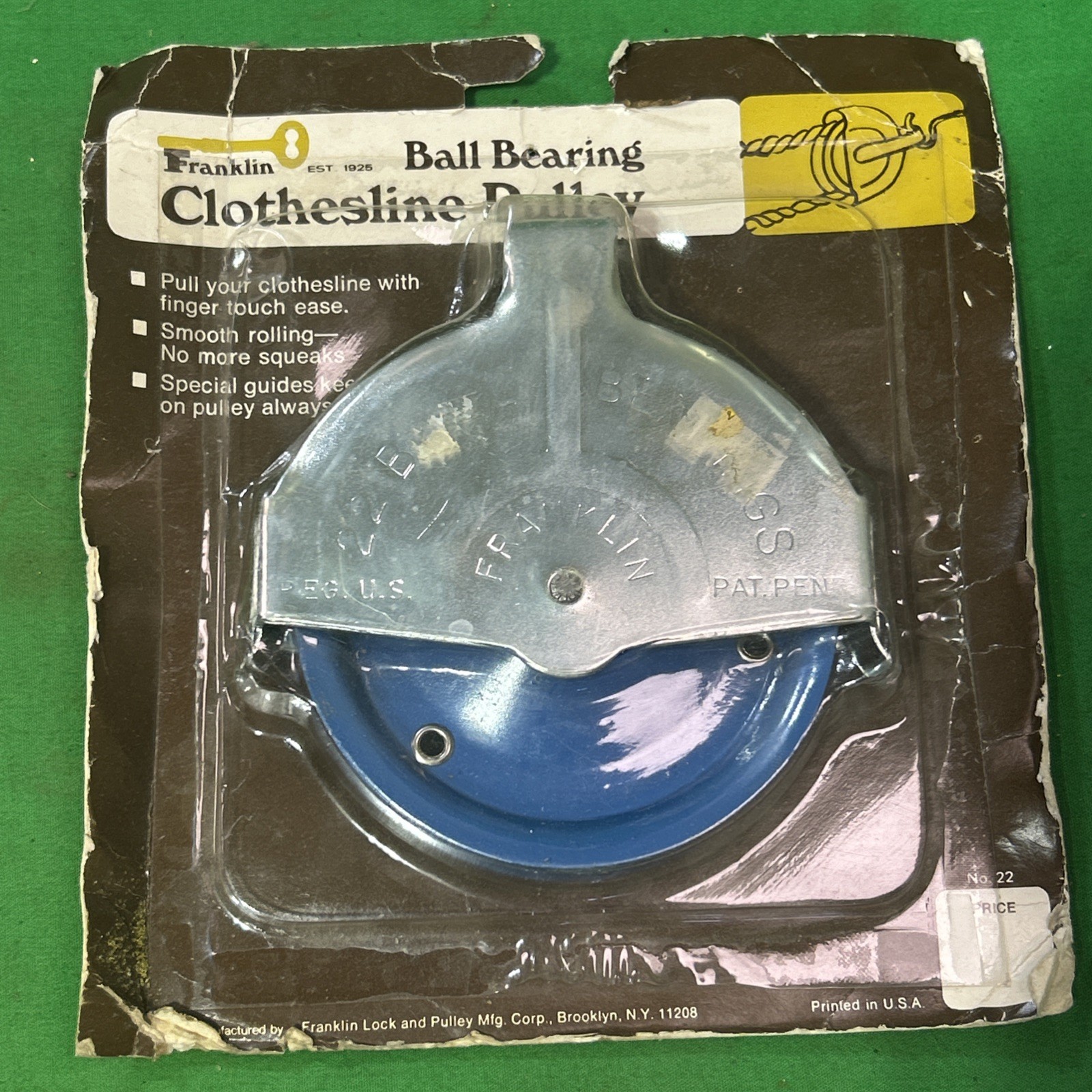 Vintage Heavy Franklin Ball Bearing Clothesline Reel Pulley, Original Label