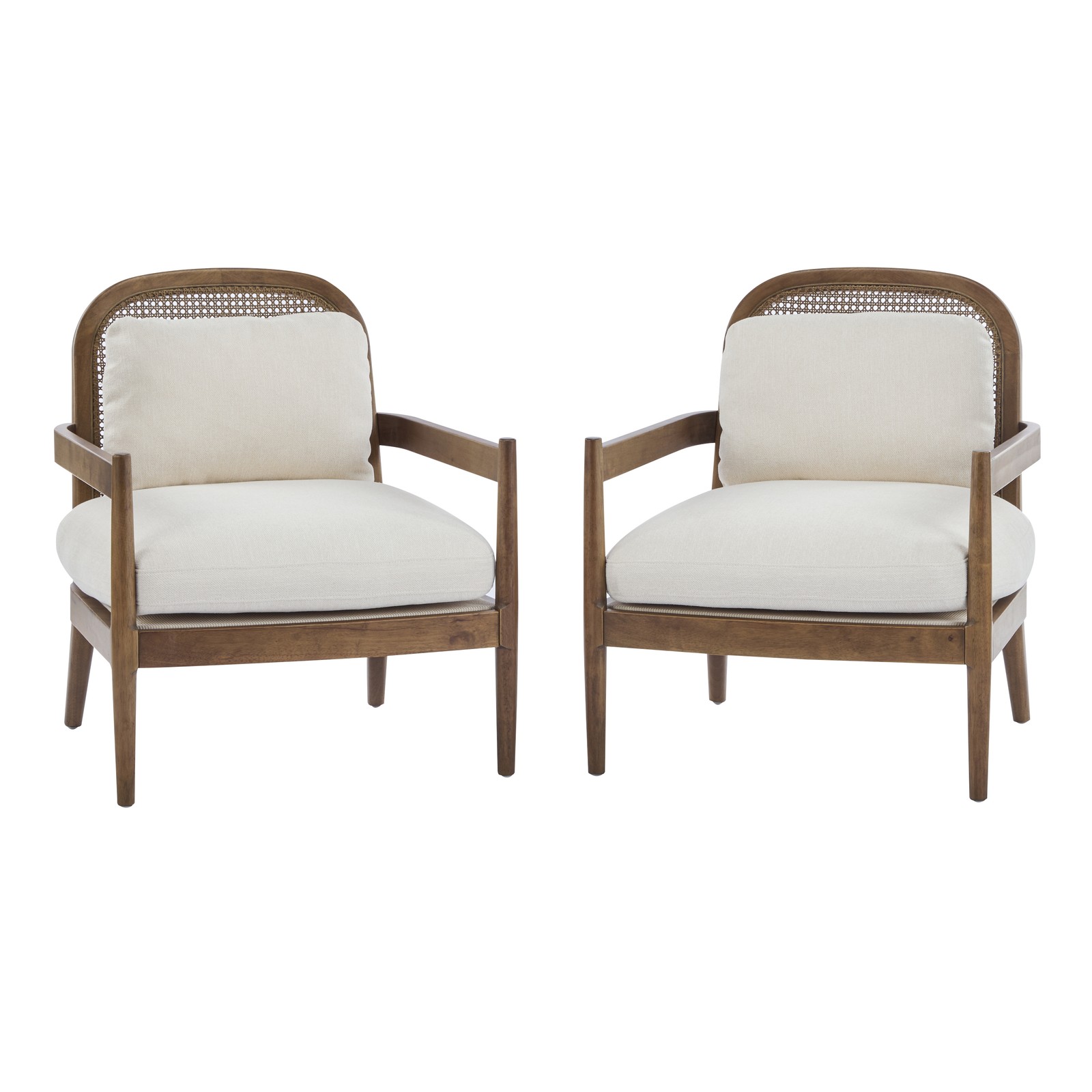 Set of 2 Mid-Century Modern Accent Chairs Rattan Back Solid Wood Beige