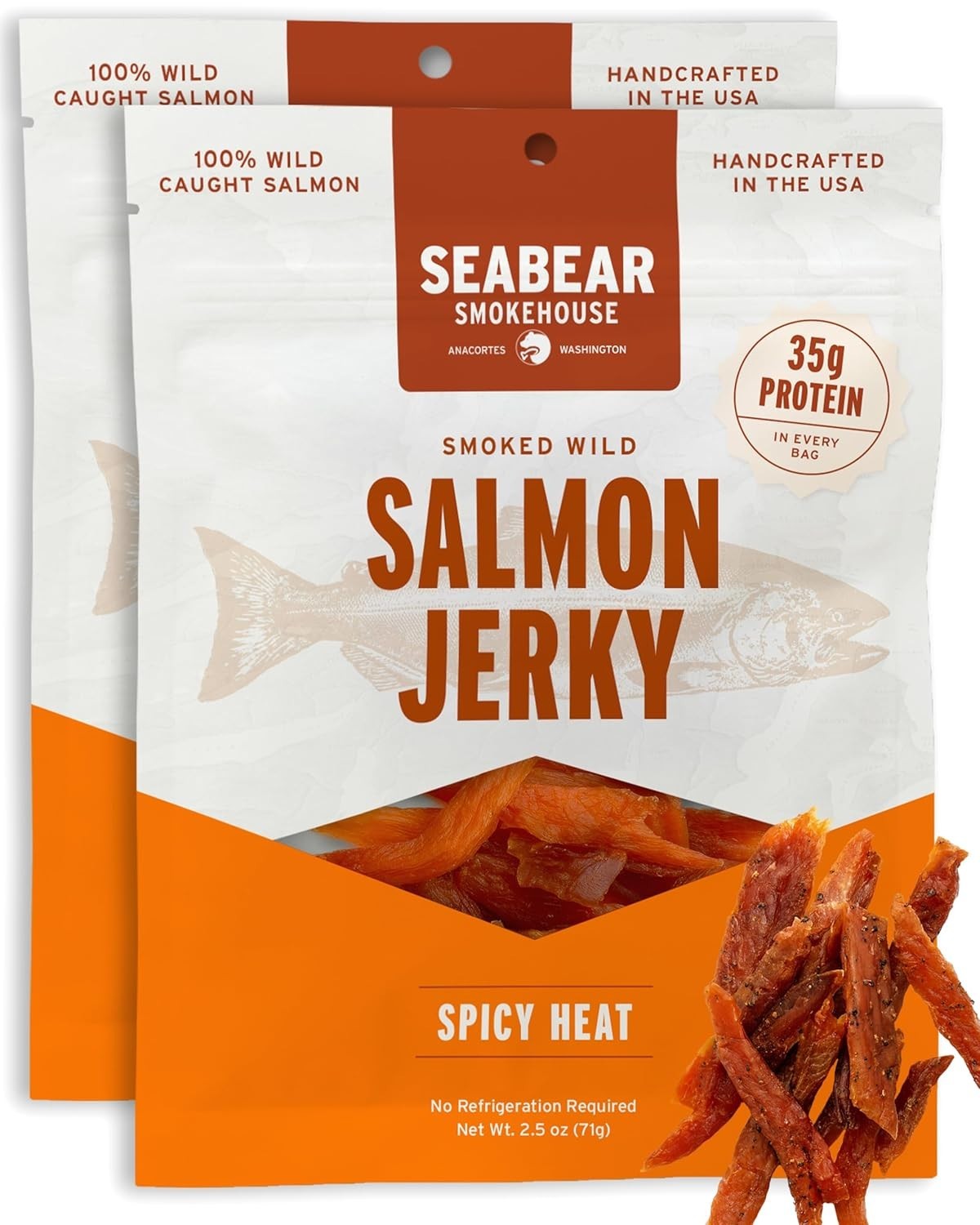 SeaBear - Smoked Wild Alaskan King Salmon Jerky - 2.5 oz 2 Pack, Spicy Heat