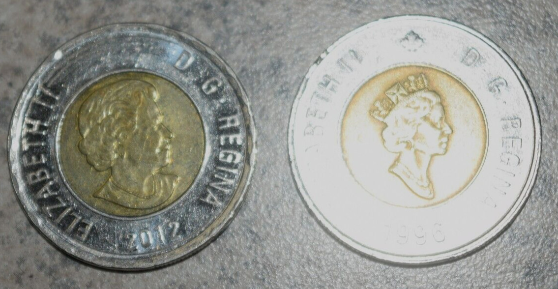 Two $2 CANADIAN COIN DESIGNS "QUEEN ELIZABETH - POLAR BEAR," Circ, 1996-2012