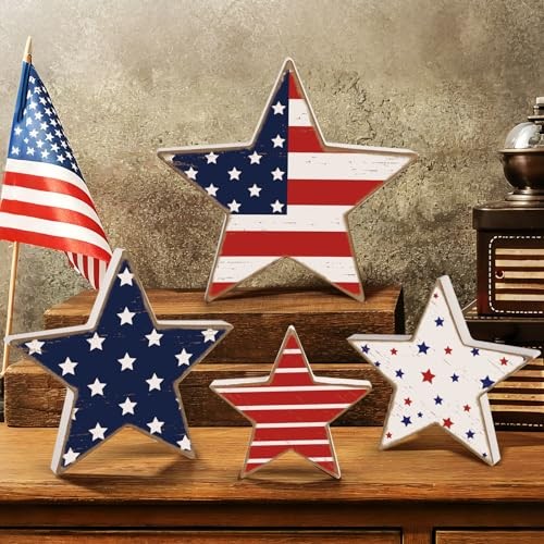 4th of July Decorations Wooden Stars 4 Pcs Memorial Day Patriotic Large Blue