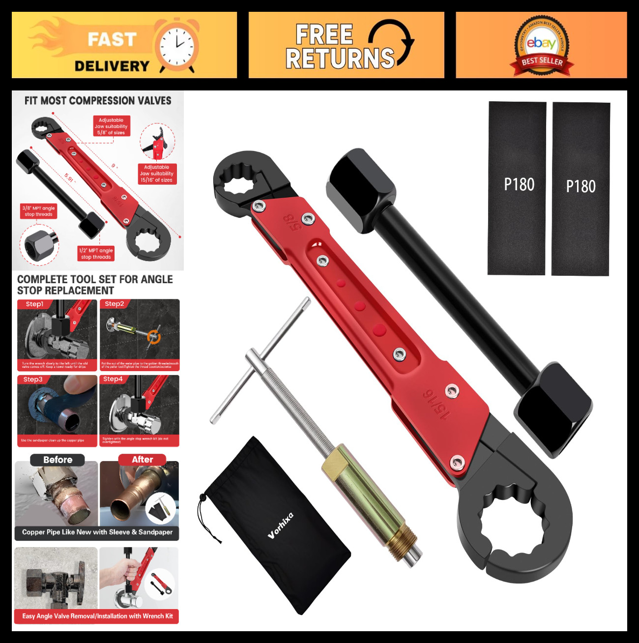 6-Piece Plumbing Tool Set - Angle Stop Wrench, Compression Sleeve Puller, Sandpa