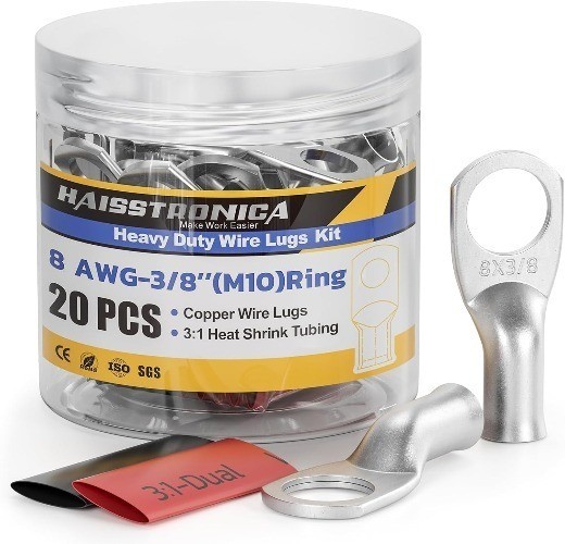10pcs 8 AWG 3/8 M10 Tinned Copper Battery Lugs, 31 Adhesive Heat Shrink Tubing