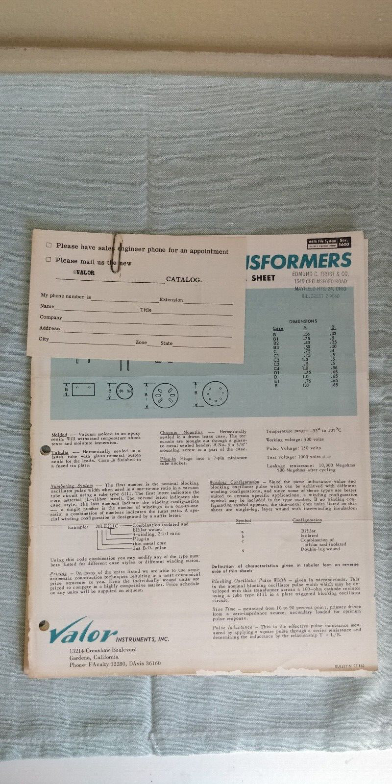 1950s ~ Valor Instrument Inc ~ Transformers ~ Data-Sheets / Bulletins