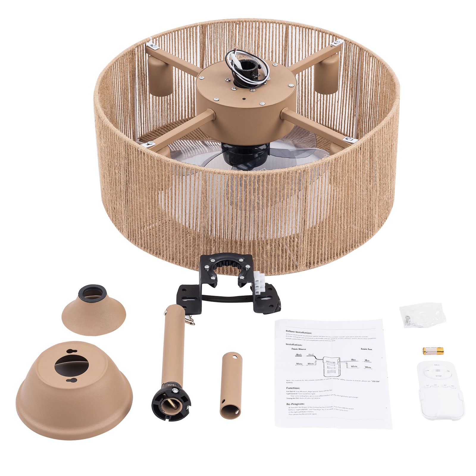 18" 6-Gears Caged Ceiling Fan Light Flush Mount Lights kit With Remote Control