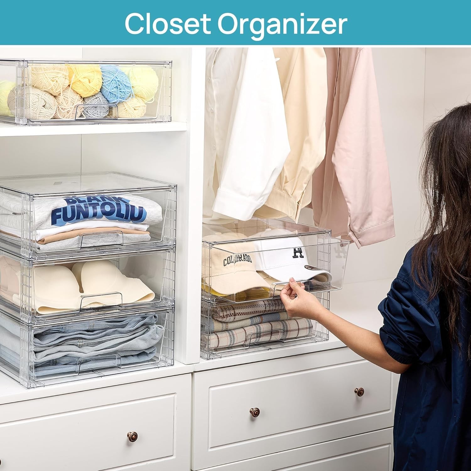 4 Pack Large Stackable Storage Drawers,Easily Assemble Clear Acrylic Bathroom...