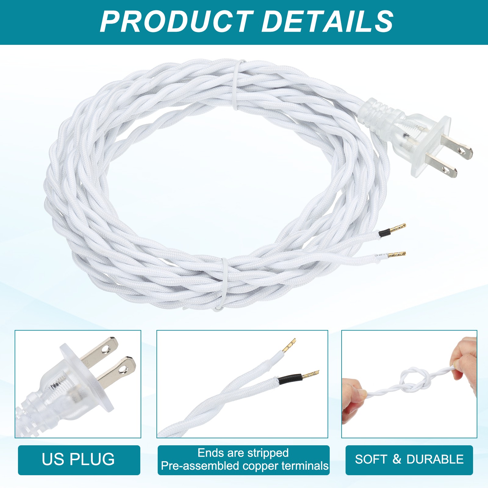 3 Pcs 8Ft 18/2 Twisted Cloth Lamp Cord with Plug, White