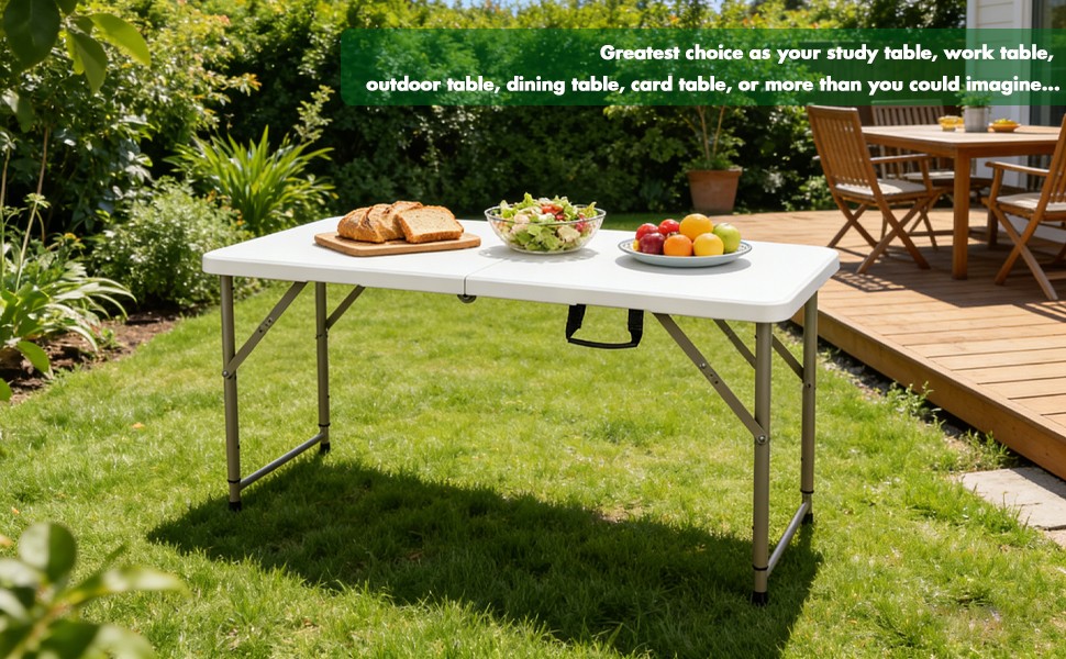 Folding Table Adjustable 4FT Plastic Table Picnic Camping w/Carry Handle White