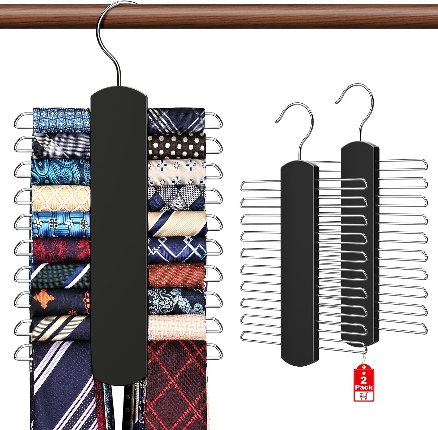 2 Pack Wooden Tie Rack Closet Organizer 360° Swivel Hanger Holds 40 Ties Black