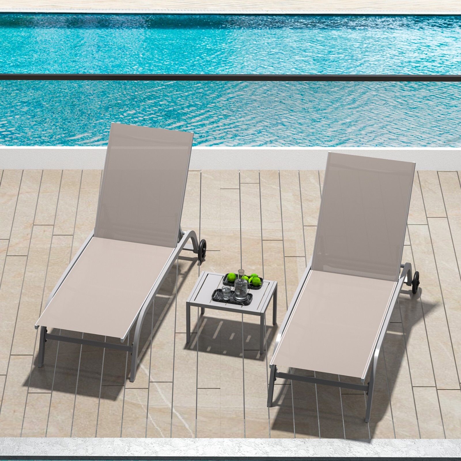 Domi 3 Pieces of Outdoor Metal Chaise Lounge Chair w/Wheels,Table,Khaki
