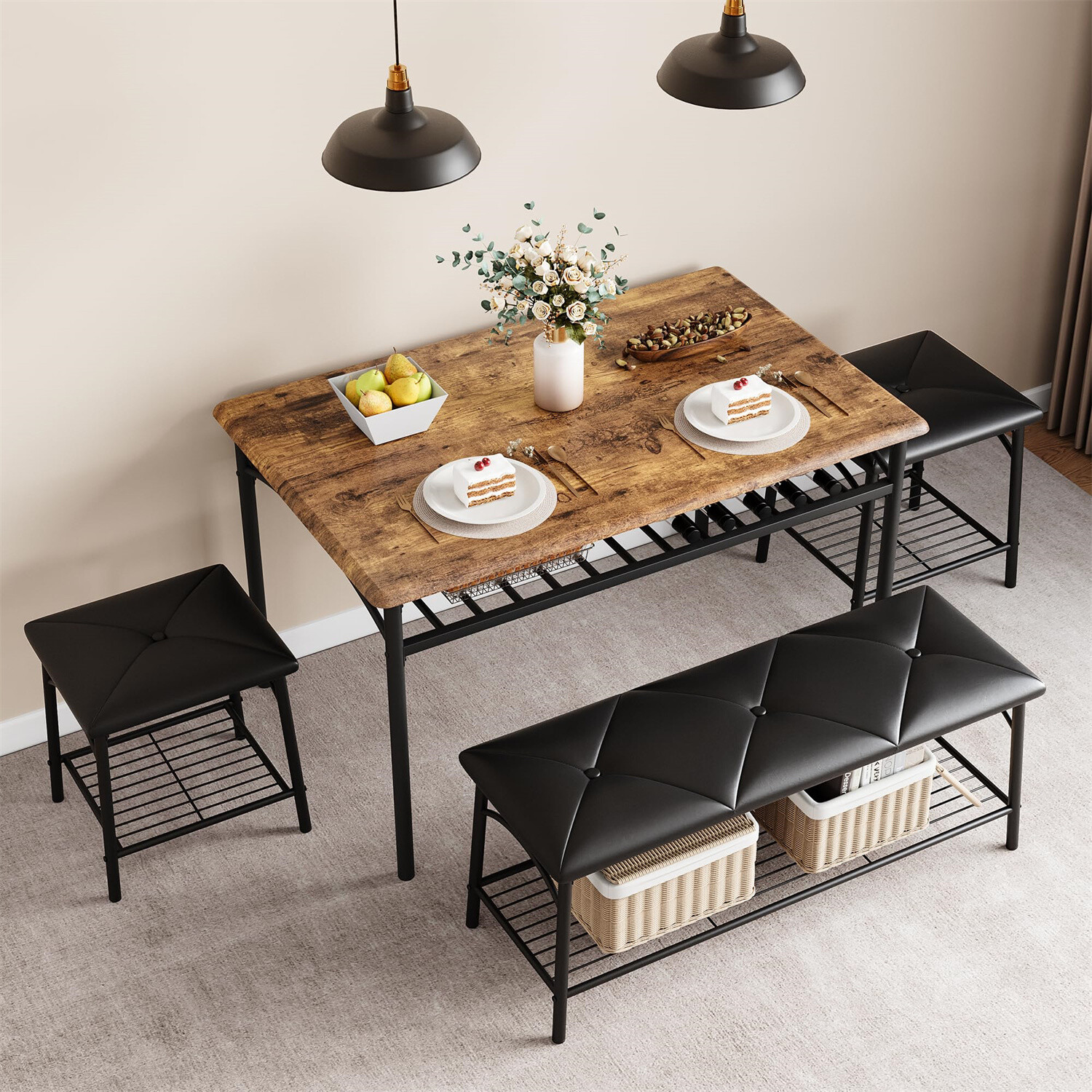 ✔️4pcs Kitchen Table Set with Upholstered Bench and Square Stools Dining Table S