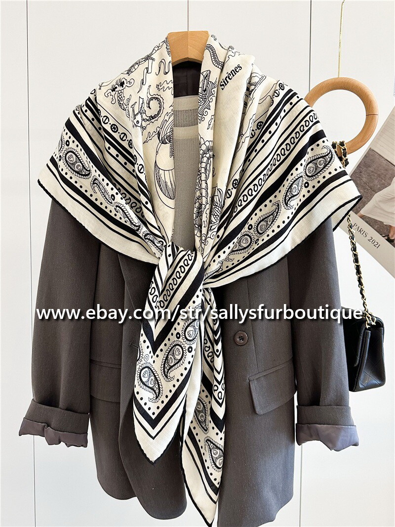 Sallys 70% Cashmere 30% Silk Stole Boat Horses Print Double Face Scarf Shawl 53"
