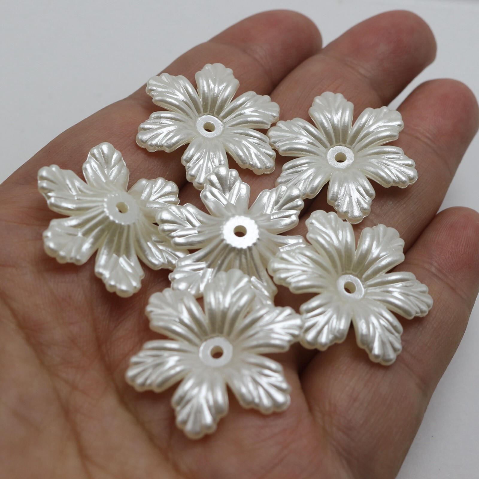 50 Ivory Acrylic PearlFlower Beads Cap 24mm Center Hole Sewing Costume Craft