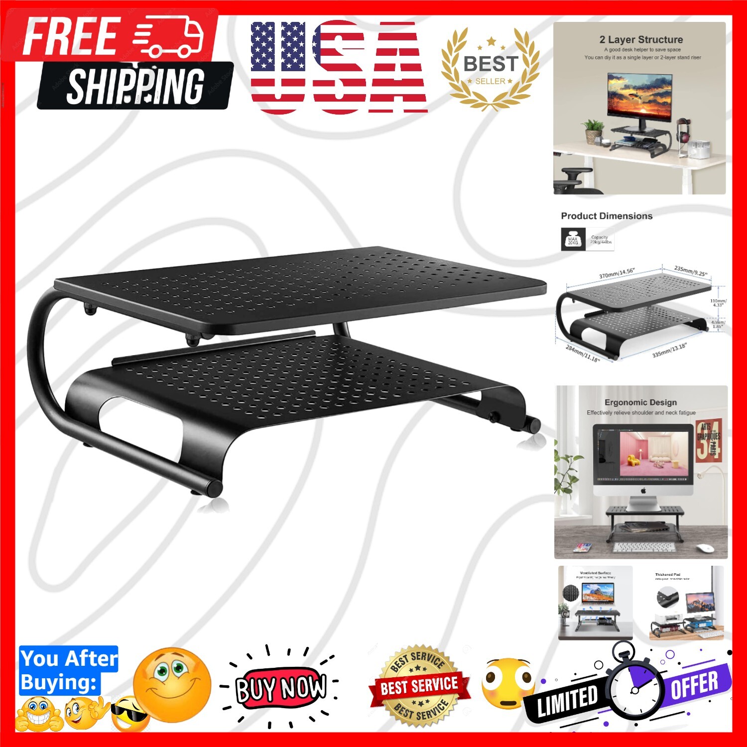 Multi-Functional Desk Riser - Double-Layer Steel Stand with 44.1 lbs Capacity