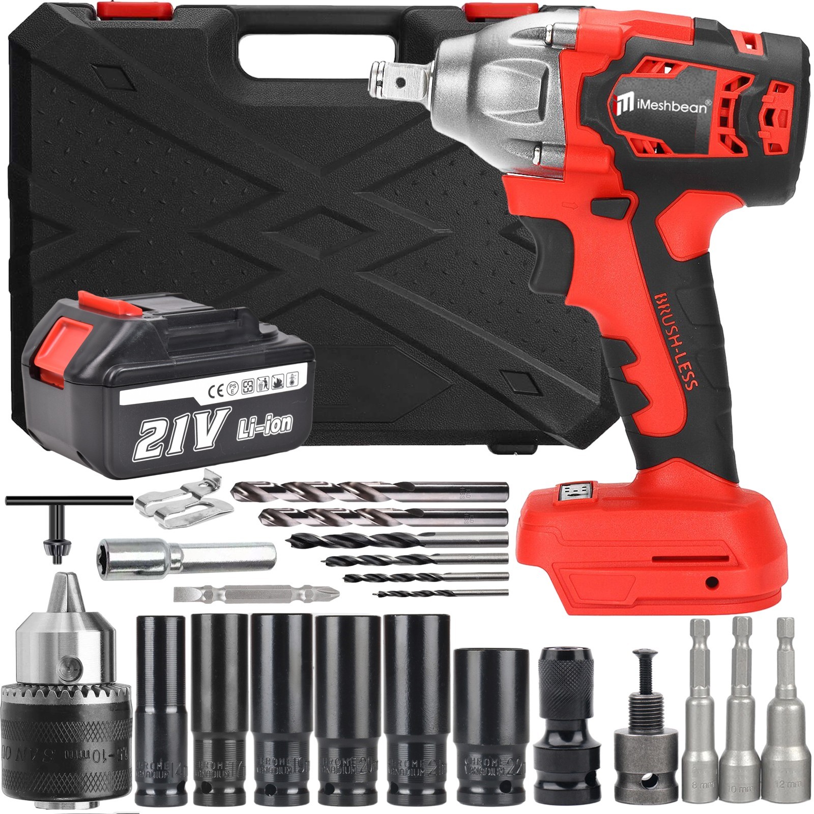 21V  Electric Cordless Impact Wrench 1/2"Brushless Driver 600Nm Battery & Socket