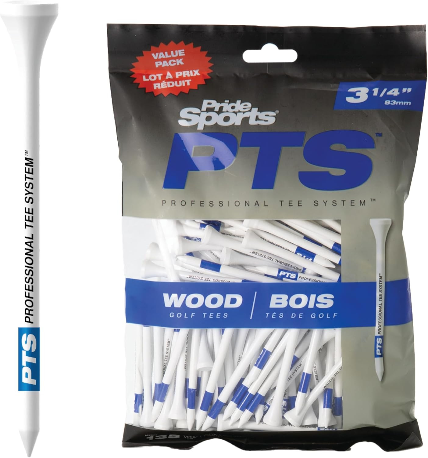 PTS Wood Golf Tees | 135 Count, 3-1/4 Inch | #1 Wood Tee on Tour | Best for Driv