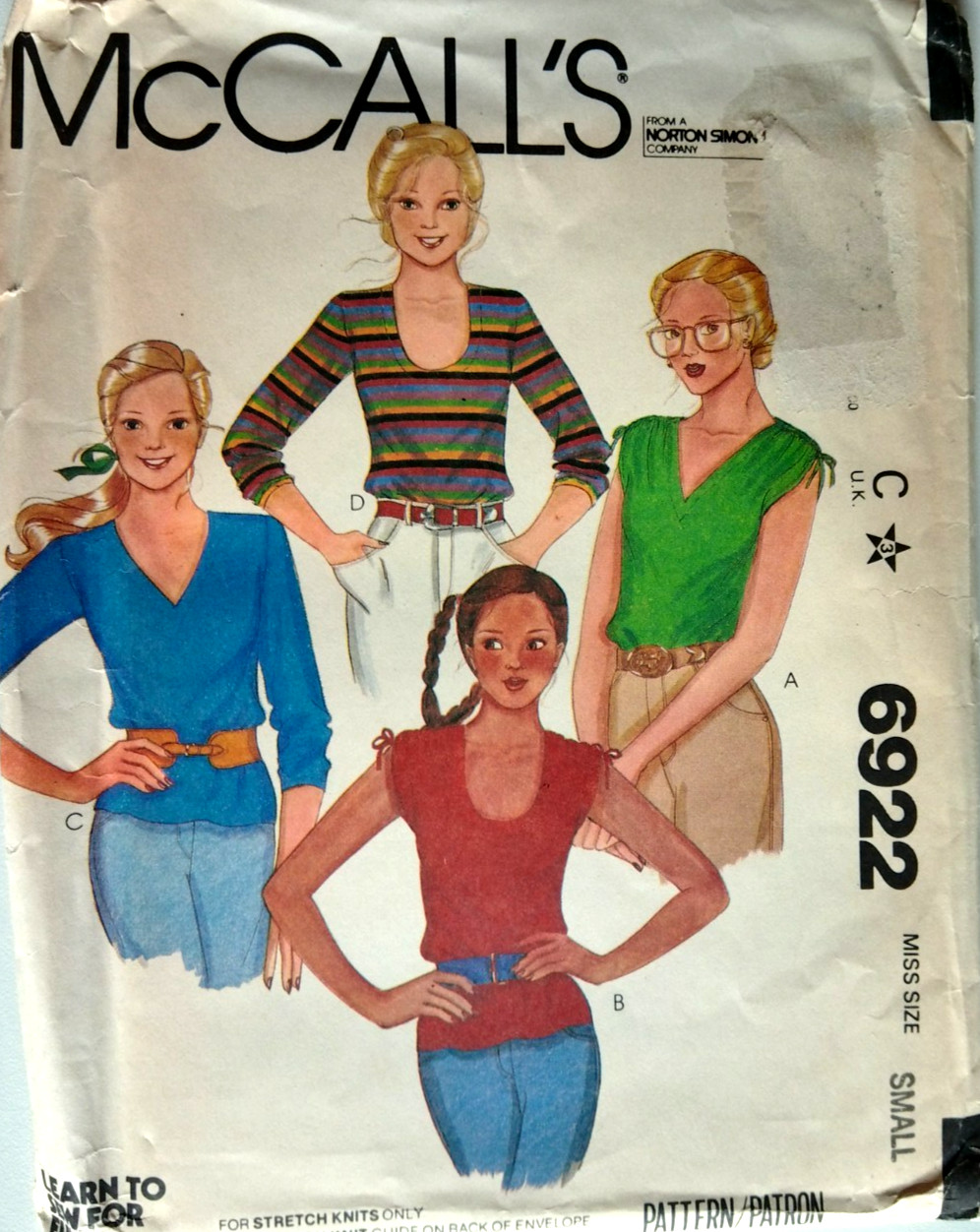 MCCALLS PATTERN 7173  TOPS  MISSES SIZE SMALL  UNCUT  VINTAGE 1979   FF