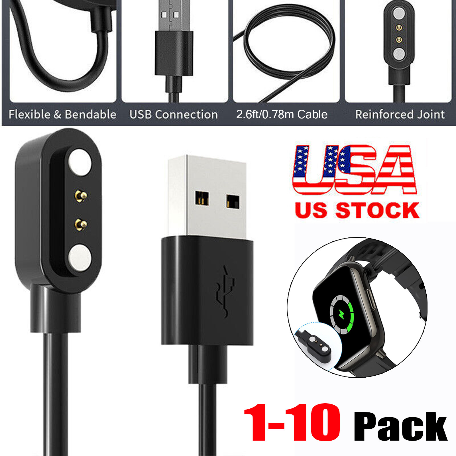 1-10PCS 2-Pin USB Data Charging Cable Magnetic Charger For Smart Watch Universal