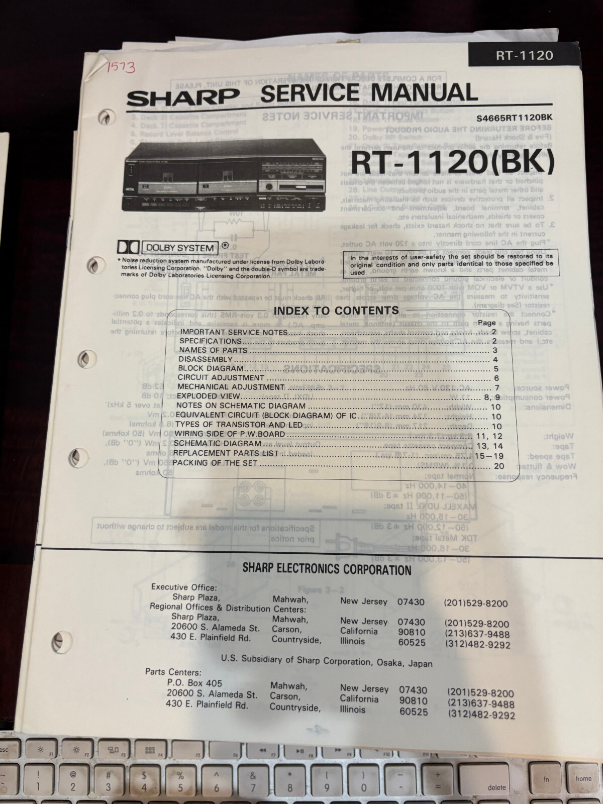 ORIG. SHARP RT-1120 RT-1120(BK) RT-1120BK  Repair & Service Manual *ORIGINAL*