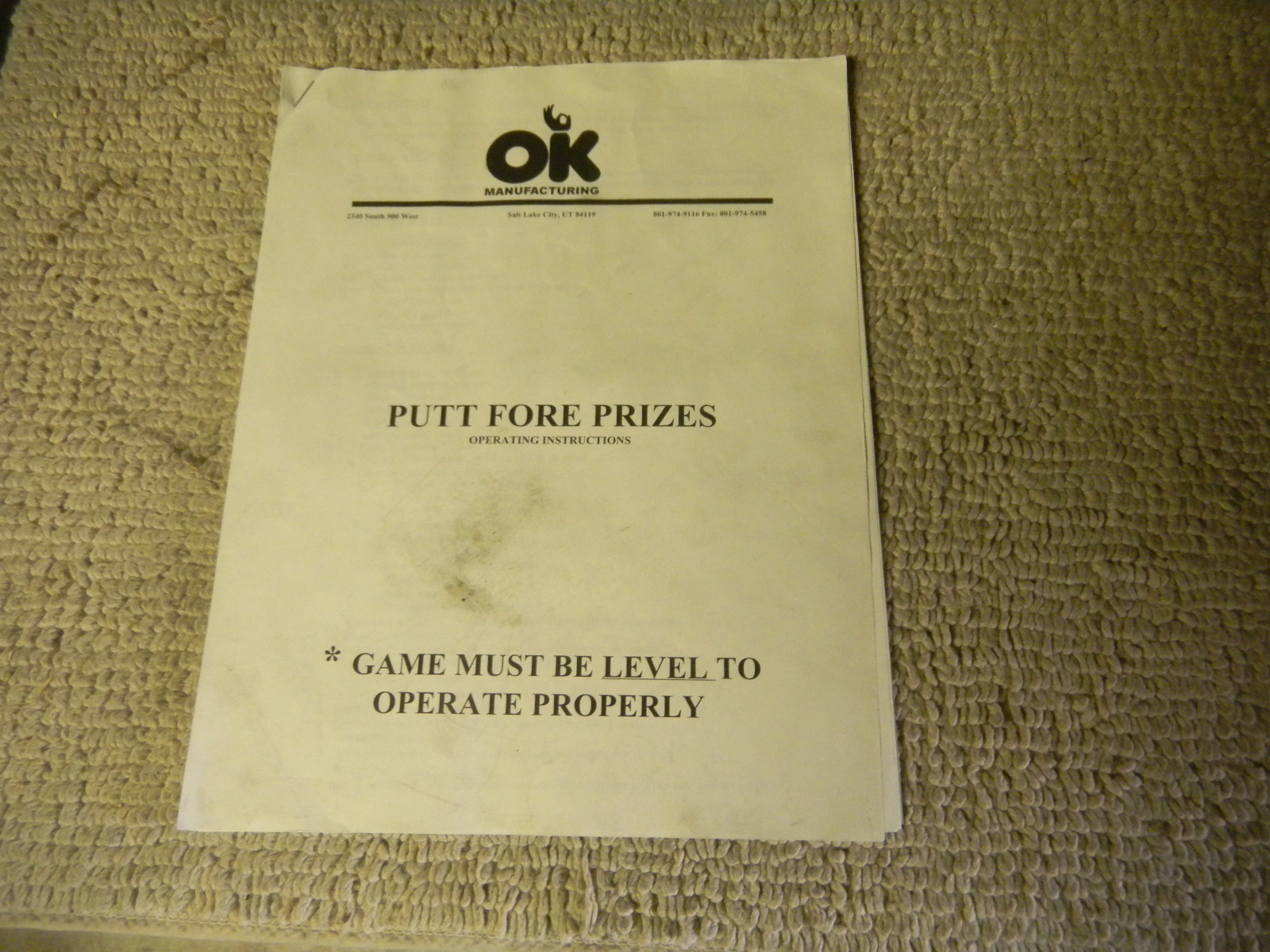 PUTT FORE PRIZES Ok Manufacturing arcade game owners manual