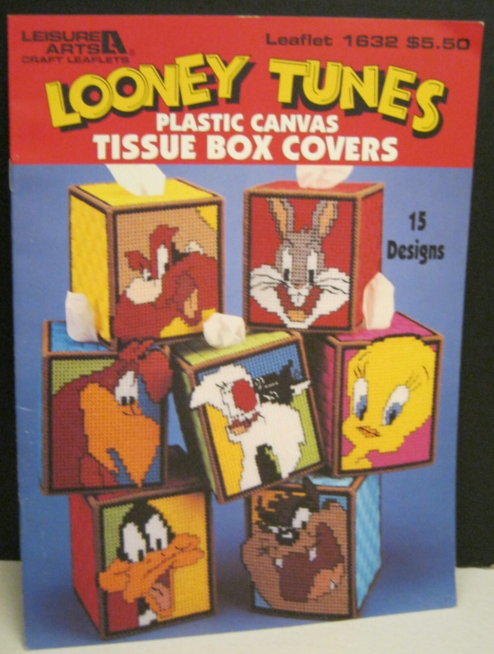 LEISURE ARTS #1632 LOONEY TUNES PLASTIC CANVAS TISSUE BOX COVERS 15 DESIGNS 1995