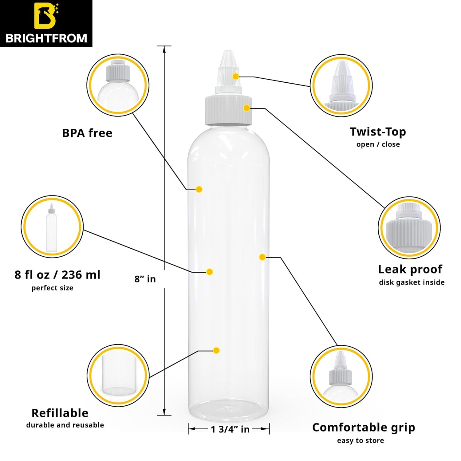 BRIGHTFROM Twist Top Applicator Bottles, 8 OZ Crystal Clear, Squeeze Empty